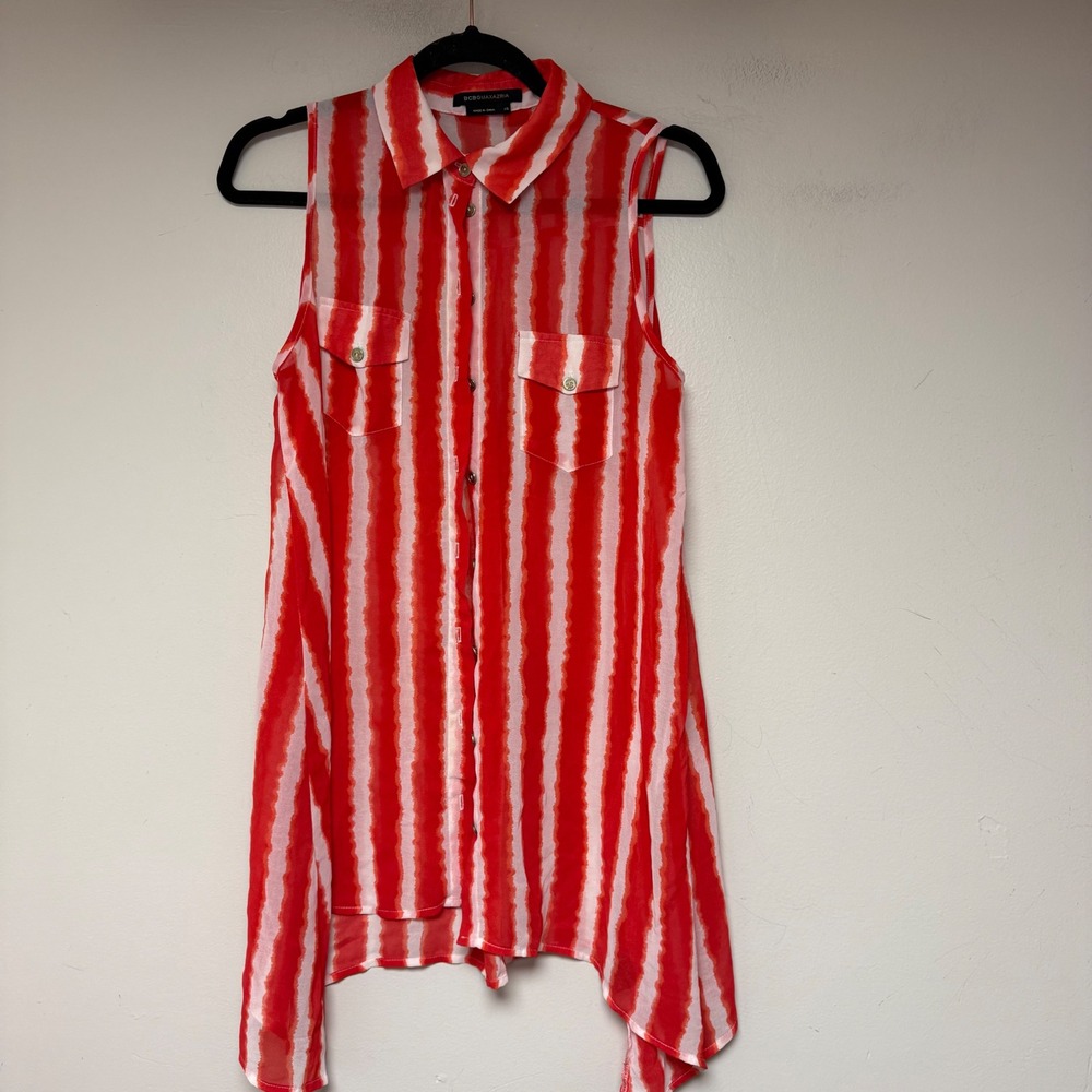 BCBGMAXAZRIA Sleeveless Tunic Women XS Red White Excellent Striped Chiffon Top